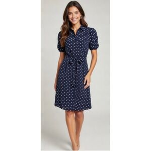 J. Crew Navy Blue White Polka Dot Cotton Dress Drawstring Waist Size 14